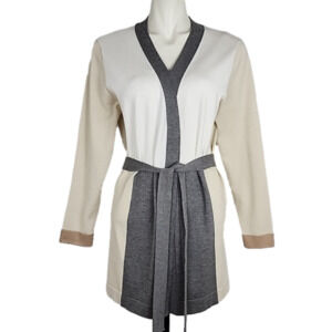 Vila Milano Open Front Belted Long Cardigan  Geometric Beige Grey Size Large